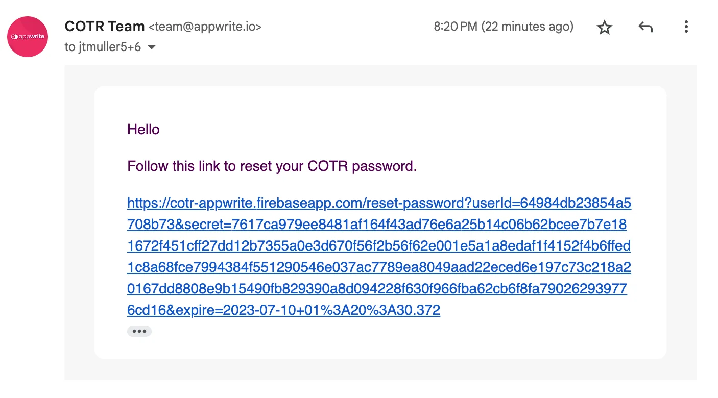 Reset password email from AppWrite